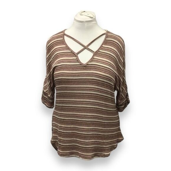 Tru Self Women’s Cold Shoulder CrissCross V Neck Light Sweater, Tan, size L - Picture 1 of 8